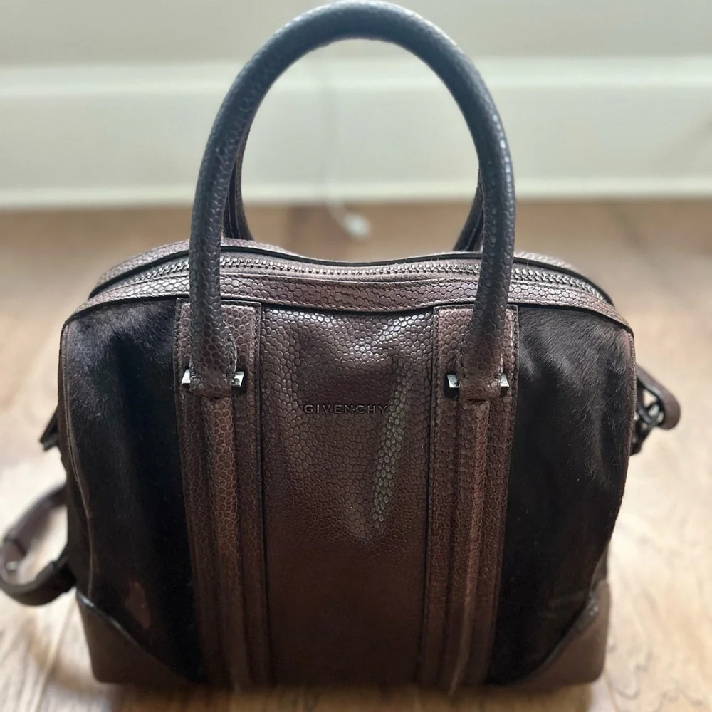 Lizard Embossed Calfskin Calf Hair Medium Lucrezia Tote Dark Brown